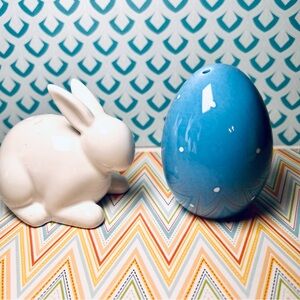 Ceramic Bunny and Easter Egg Salt & Pepper Shakers Blue & White Polka Dots